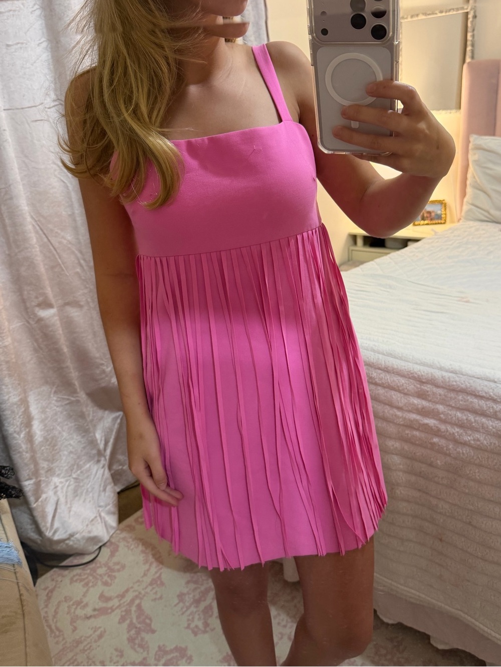 Likely Rima Fringe pink mini dress